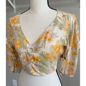 Billabong Women Yellow Floral Ring Detail Smocked Crop Top NWT Size S